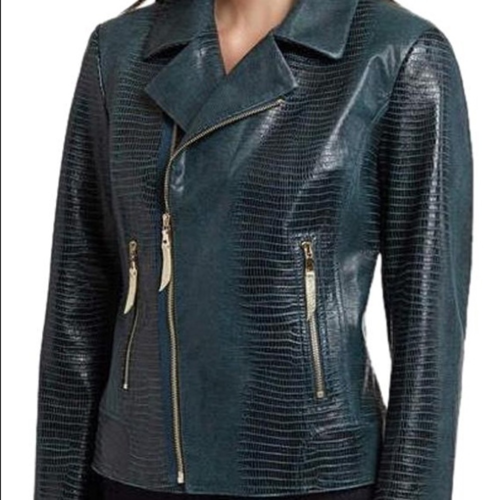 Elie Tahari Green Snake Print Leather Moto Jacket - Picture 8 of 8